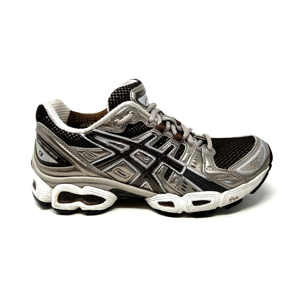 Asics Womens 7 Gel Nimbus 9 White Brown Gold Lace Up Running Jogging Shoes TN793